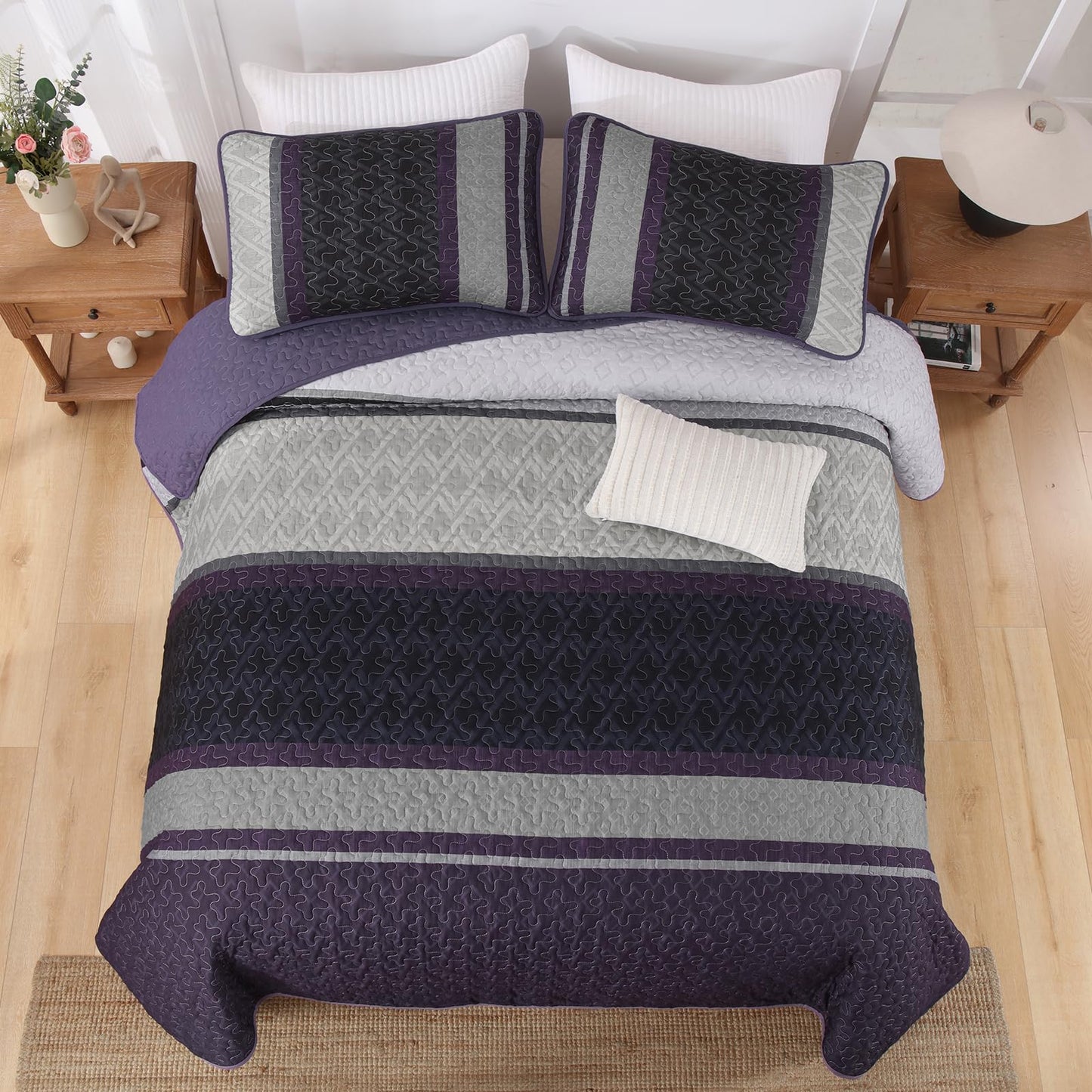 Dinjoy Queen Quilt Set Purple,Striped Bedspread Queen Size, Fall Bedding Sets 3 Pieces Micofiber Lightweight Quilts with 2 Pillow Shams Coverlet Bed Sets for Women Men 96''x90''