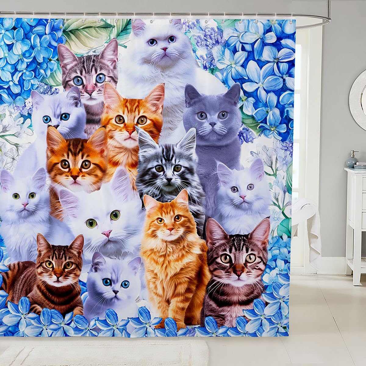 Cute Cat Shower Curtain with Hooks Cartoon Pet Cats Waterproof Shower Curtains Boys Girls Cute Kitten Print Fabric Bathroom Shower Curtain Cat Lover'S Animal Themed Design Curtain,72Wx72L Inch