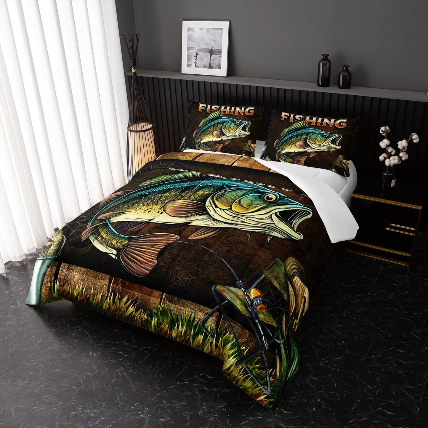 Nttopship Big Pike Fish Bedding, Bass Fishing Comforter Set Hunting and Fishing Brown Green Bedding Set Themed Comforter Set for Kids Boys Room Decor, Twin Bed in a Bag for Teens with 2 Pillowcases