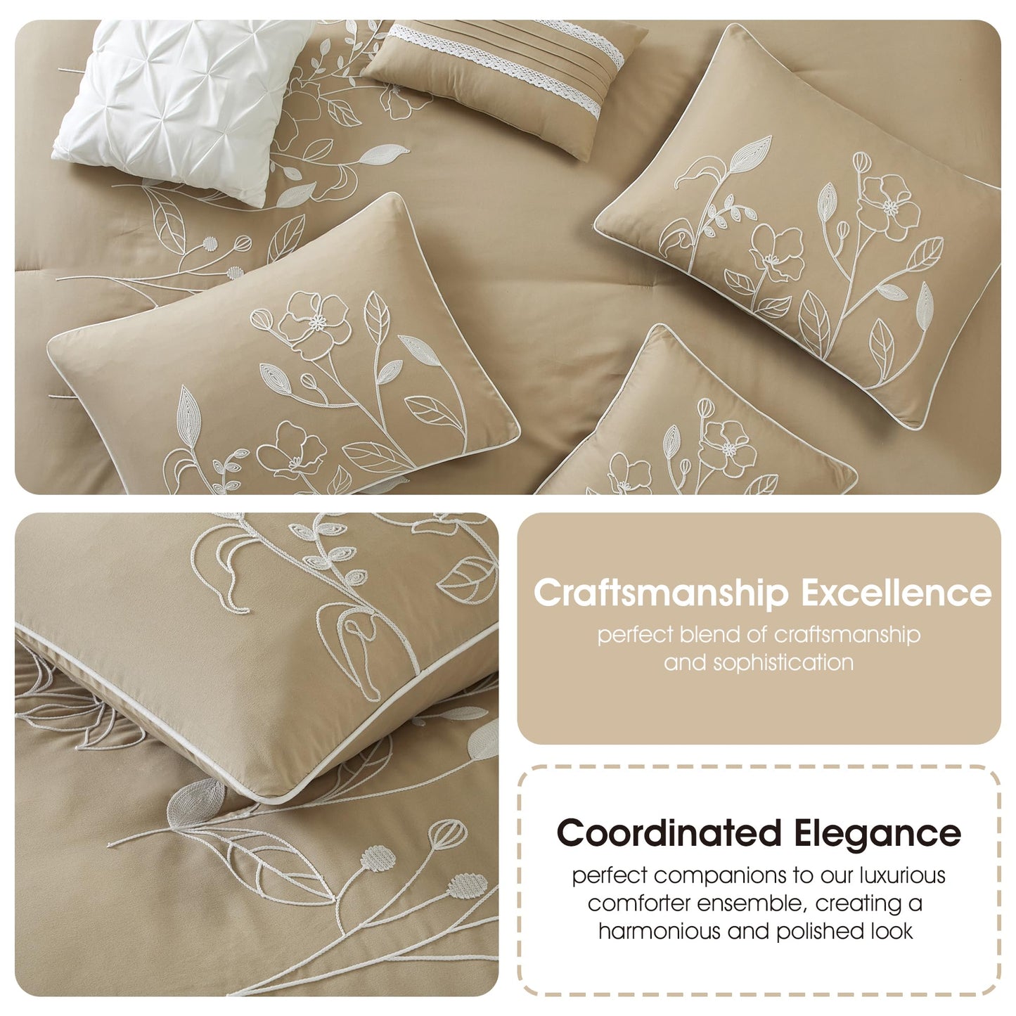 Grand Avenue 7 Piece Taupe Comforter Set, King Size Chain Stiching Embroidery Bedding, All Season Floral Leaves Bedding Set, Bed Skirt, Pillows & Shams