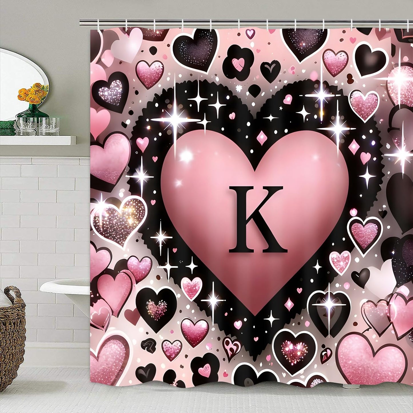 AZHM Romantic K Heart Shower Curtain Set 4 PCS Pink Love Theme Bathroom Decor for Wedding and Valentine's Day Gift with Rugs and 12 Hooks