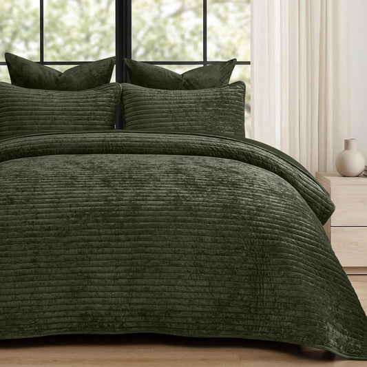 PHF Luxury Velvet Quilt Set Queen Size – 3PCS Ultra Soft Quilted Comforter Alternative with Striped Channel, Cozy Quilted Bedspread, 1 Coverlet with 2 Matching Shams, 90" x 92", Smokey Olive