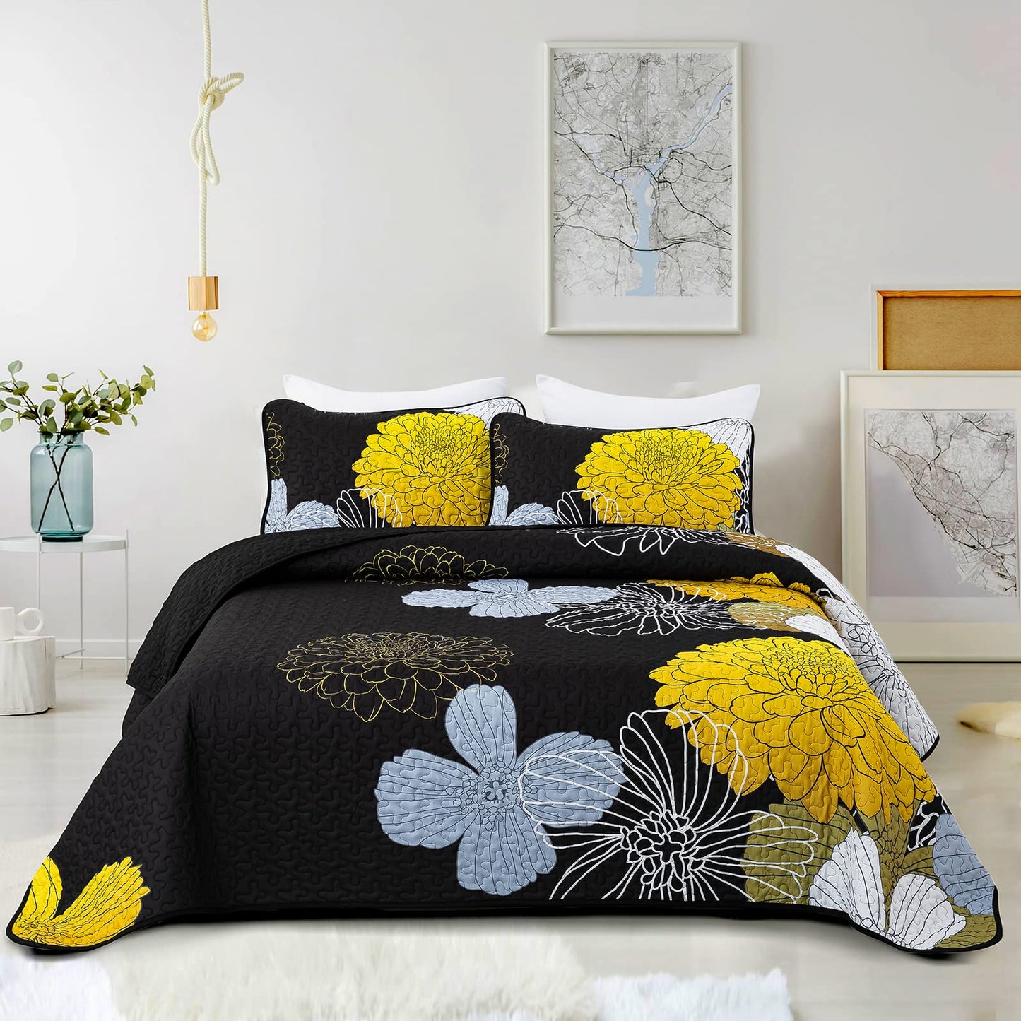 3 Pieces Yellow Floral Pattern Quilts Queen Size Coverlet Set - Lightweight Black Bedspread with 2 Pillowcases for All Season - Soft Microfiber Reversible Bedding Quilt Set (Yellow/Black, 96''x90'')