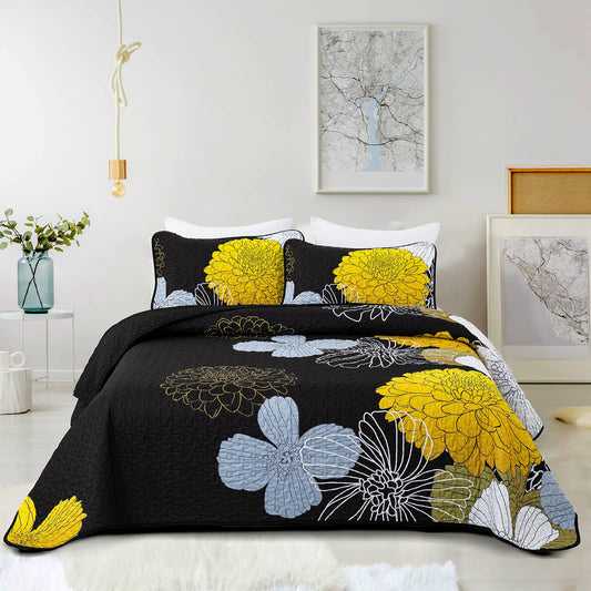 3 Pieces Yellow Floral Pattern Quilts Queen Size Coverlet Set - Lightweight Black Bedspread with 2 Pillowcases for All Season - Soft Microfiber Reversible Bedding Quilt Set (Yellow/Black, 96''x90'')