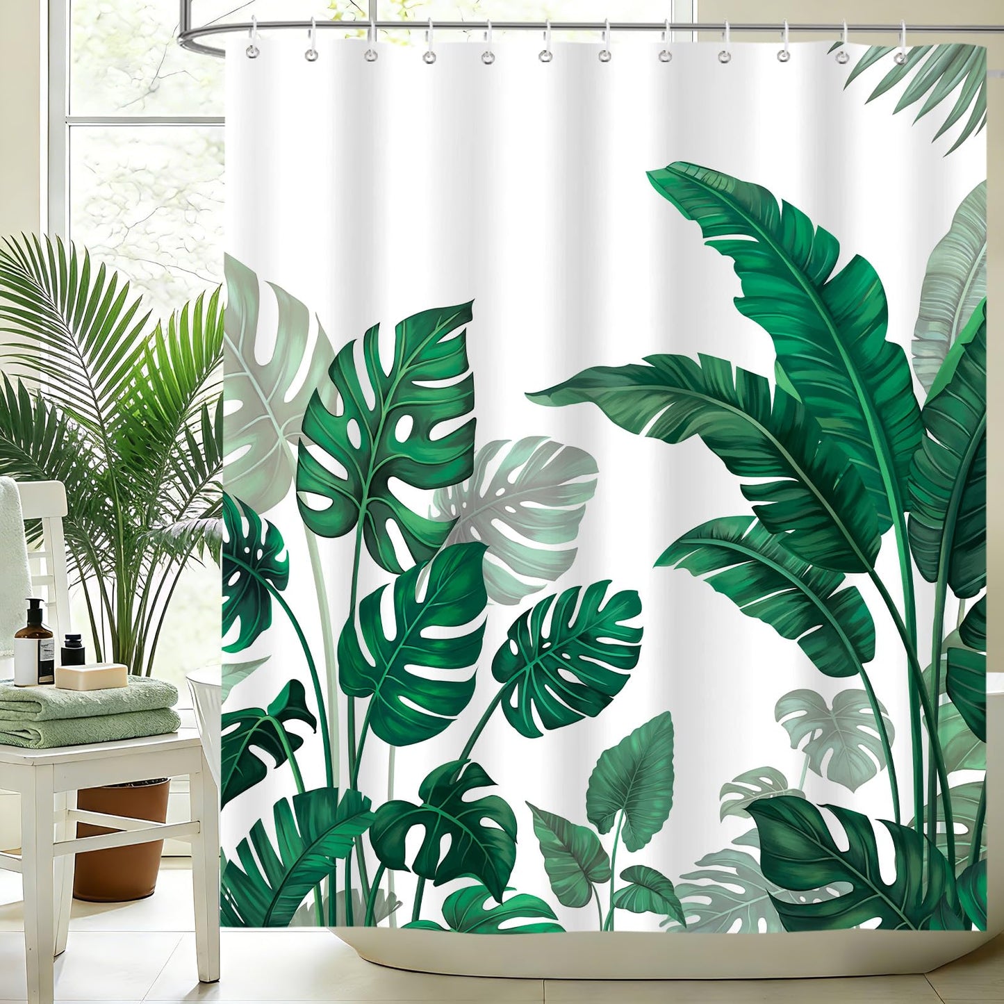 hometrixx Summer Tropical Plant Shower Curtain Dark Green Botanical Monstera Palm Tree Leaves Shower Curtains for Bathroom Bathtub Light Weight Washable Waterproof Fabric with 12 Hooks 72 X 72 Inch