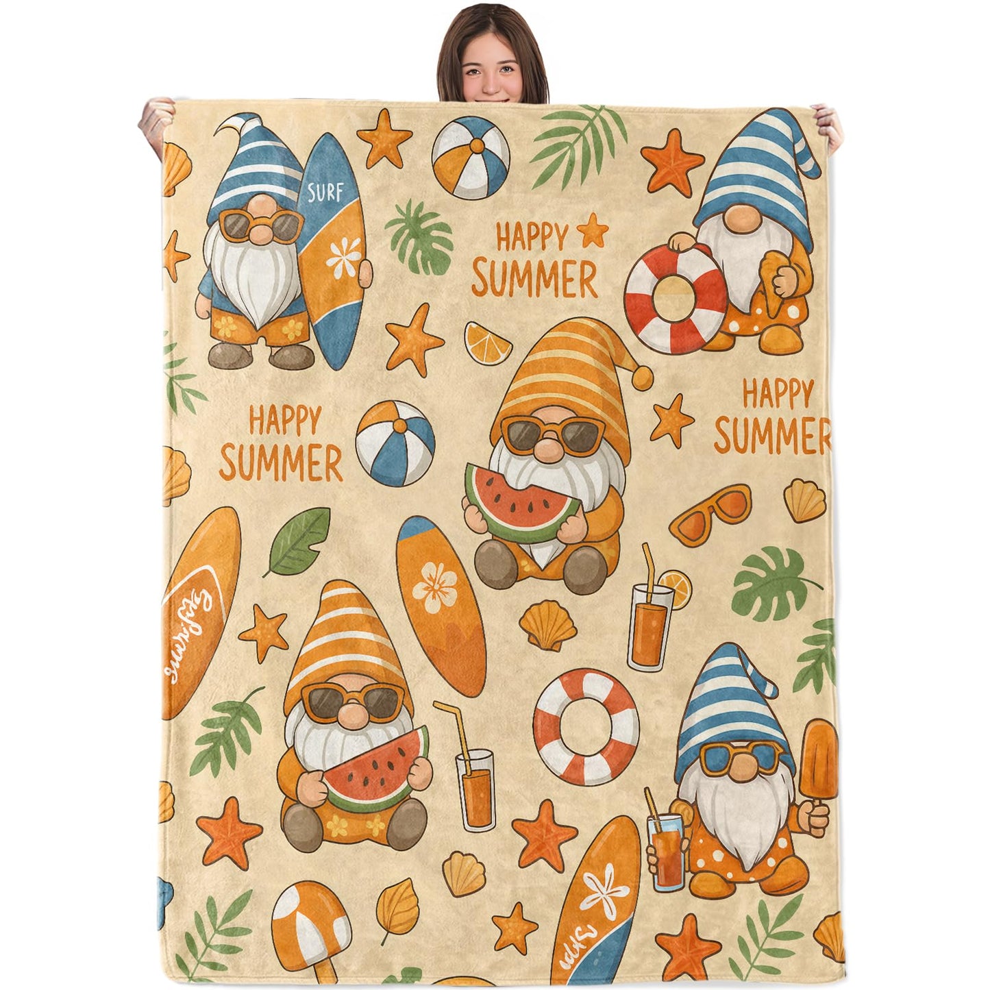 WKEDIN Summer Gnome Blanket,50x60in,Cozy Flannel Throw with Cute Beach Surfboard Watermelon Starfish Design,Soft Lightweight Gifts Blankets for Adults,Sofa Bed Travel Camping Coastal Holiday Decor
