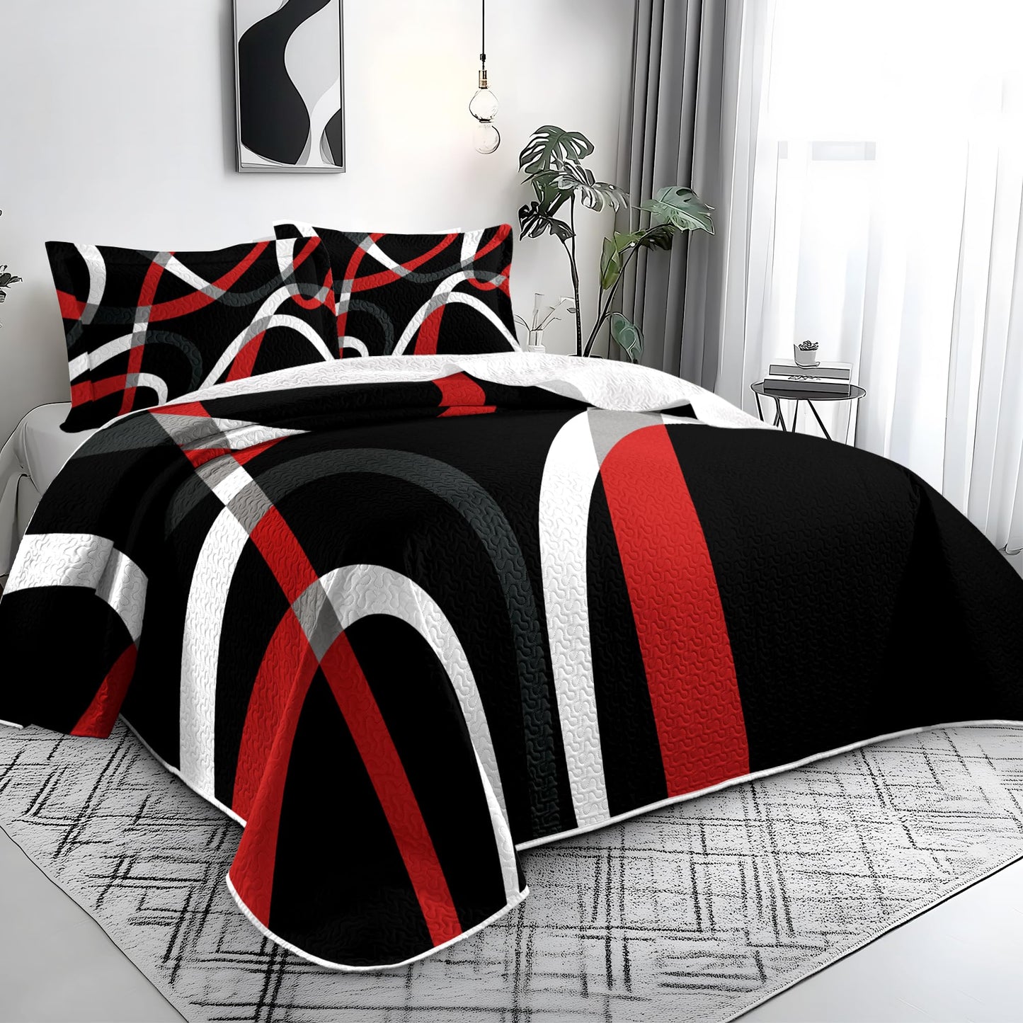 weesire Black and Red Bedding Quilt King Size with 2 Shams, Modern Stripe Comforter Sets Classic Line Pattern Bedspreads Grey and Red Coverlet, 96''x106''