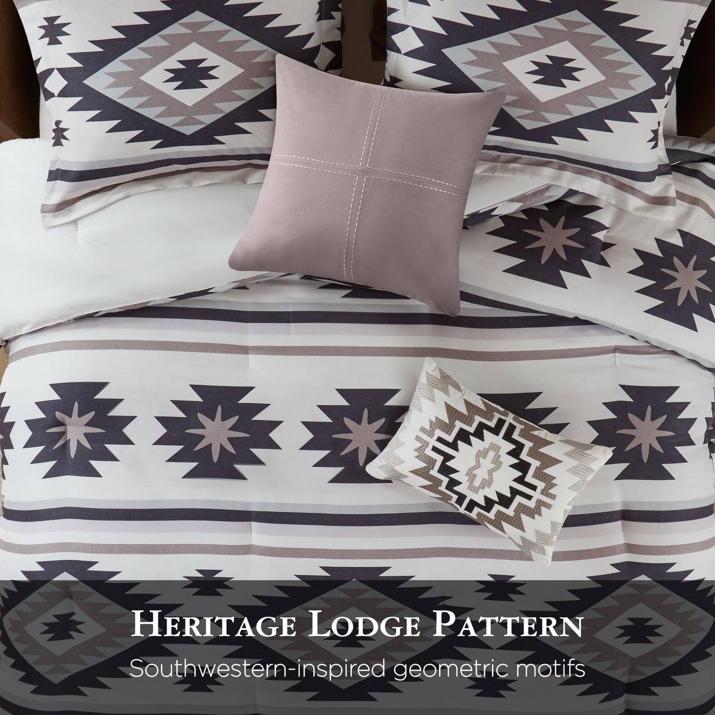Woolrich Queen Comforter Set, Southwestern Aztec 8 Piece Bedding Set, Peached Herringbone Comforter, 300GSM All Season Down Alternative, Rustic Lodge Style Bedskirt, Euro Shams & Pillows, Taupe