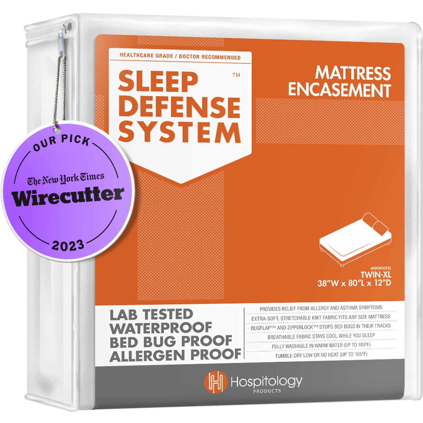 HOSPITOLOGY PRODUCTS Mattress Encasement - Zippered Bed Bug Dust Mite Proof Hypoallergenic - Sleep Defense System - Twin XL - Waterproof - Stretchable - Standard 12" Depth - 38" W x 80" L