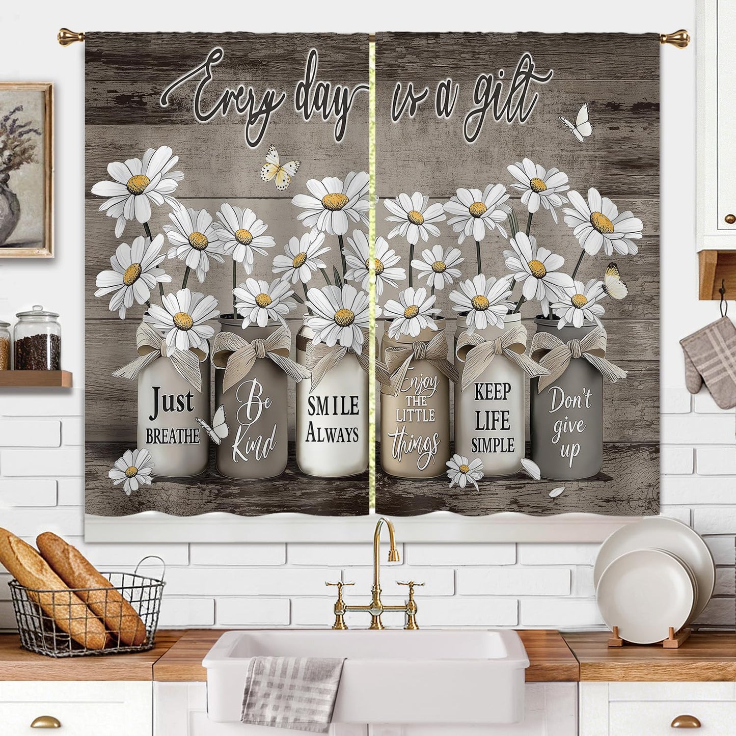 Cizuug Farmhouse Vintage Daisy Floral Kitchen Curtains Rustic Flower Inspirational Small Short Cafe Window Curtains Wooden Country Quotes Bathroom Living Room Bedroom Drapes Treatment(27.5x39 Inch)