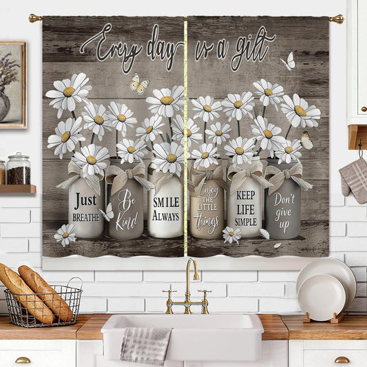 Cizuug Farmhouse Vintage Daisy Floral Kitchen Curtains Rustic Flower Inspirational Small Short Cafe Window Curtains Wooden Country Quotes Bathroom Living Room Bedroom Drapes Treatment(27.5x39 Inch)