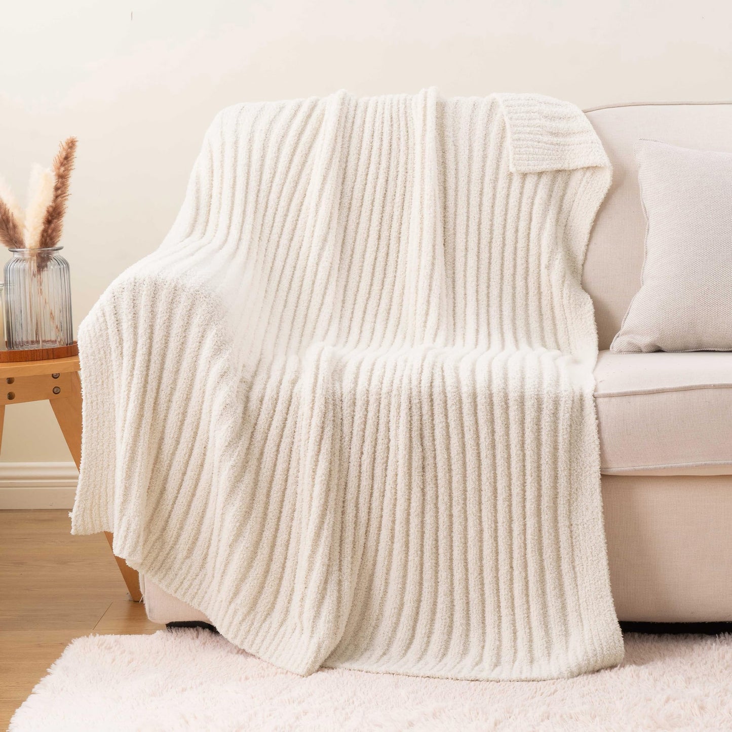BATTILO White Throw Blanket for Couch, Knit Fuzzy Plush Cream Throw Blankets, Warm Cozy Lightweight Blanket for Bed, Sofa, Home Decor, 50"x60"