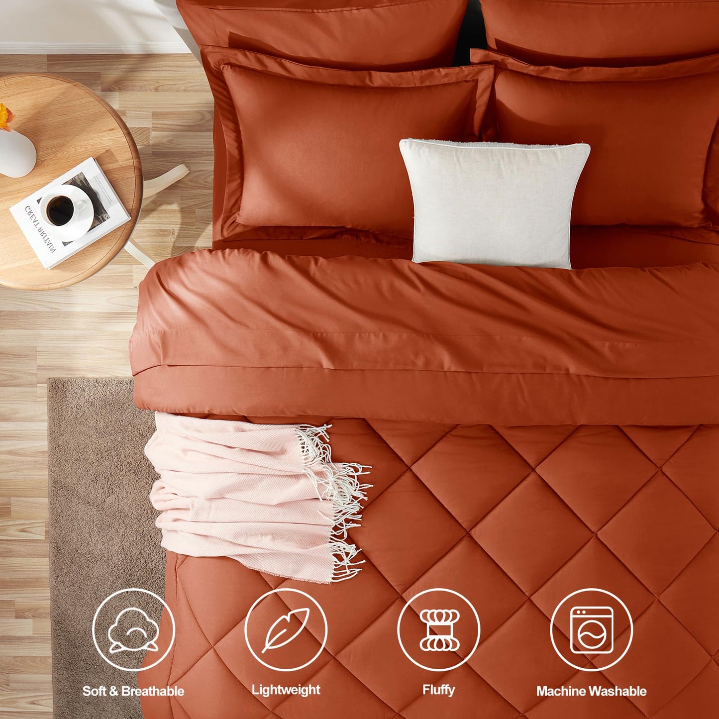 CozyLux Queen Comforter Set Burnt Orange - Bed in a Bag Queen Size 7 Pieces, Luxury Soft Bed Set for All Seasons, Bedding Set with Down Alternative Comforter, Sheets, Pillowcases & Shams, Terracotta