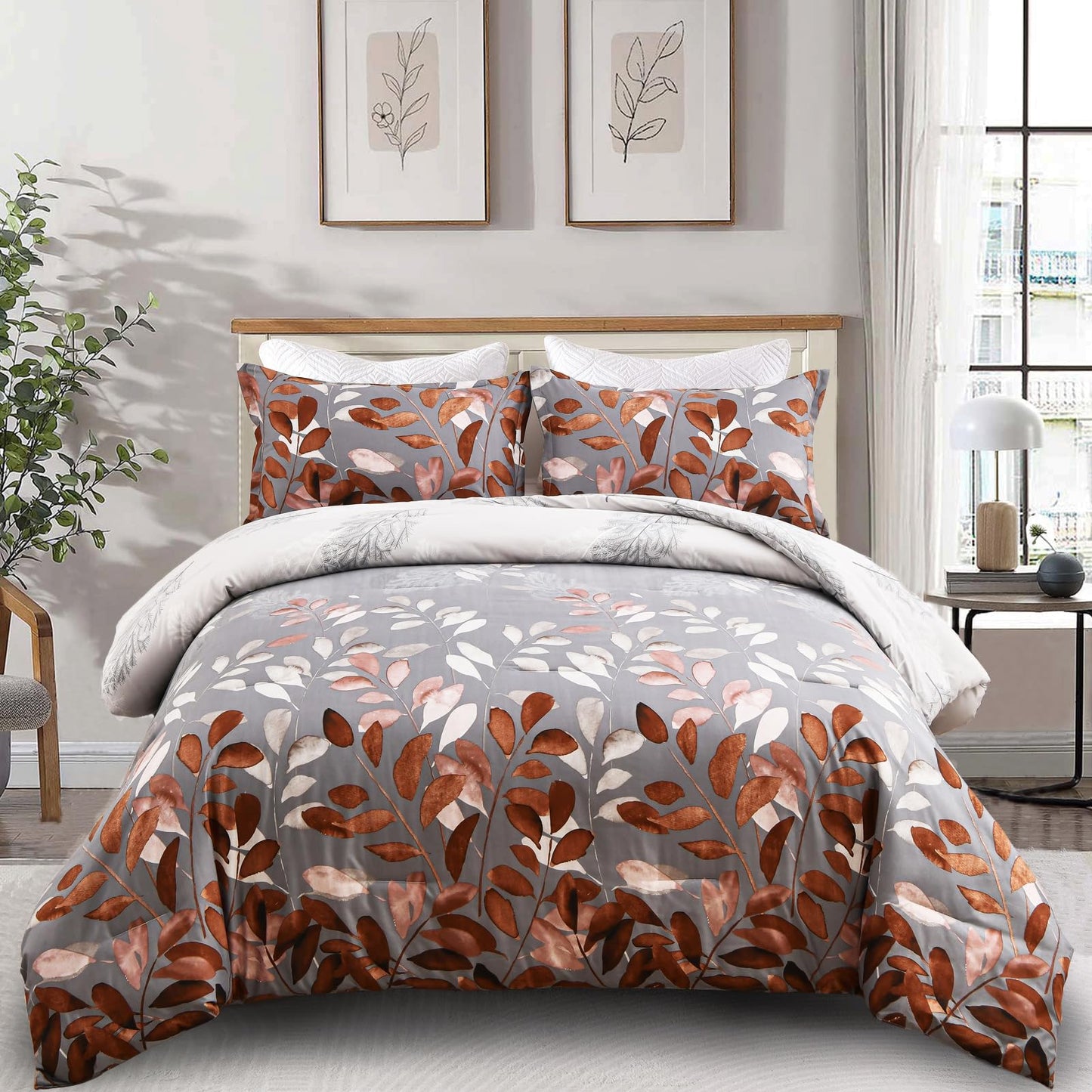 DJY Brown Comforter Set King, Botanical Leaves Comforter for King Bed 3 Pieces Reversible Floral Bed Comforter Sets Soft Microfiber Bedding Set for All Season (104"x90")