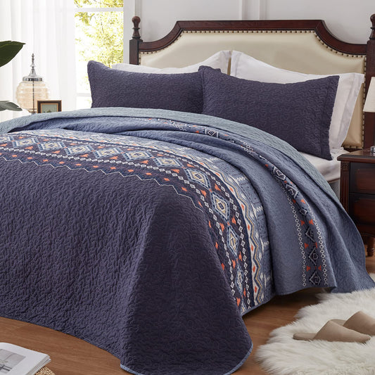 LEAONME Quilt Set King Size Bedspread 3 Piece Coverlet Lightweight Comforter Microfiber Bedding Set All Season Oversized 98x106 Inch Bed Cover Bohemian Patchwork Navy Blue(1 Quilt, 2 Pillow Shams)