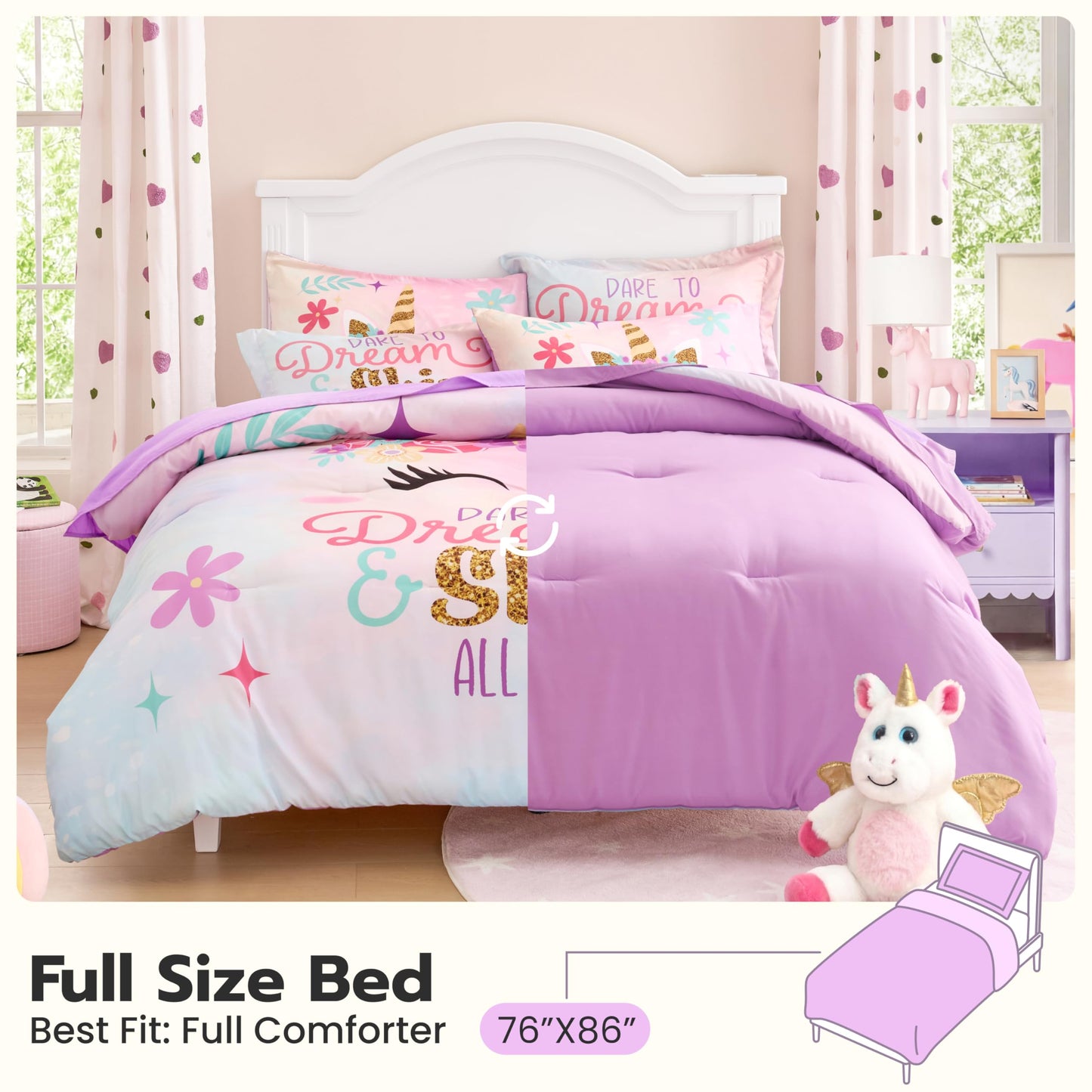Joiedomi Kid Full Comforter Set 7 Piece Unicorn Bedding Set for Boys Girls Super Soft Microfiber Bed in a Bag with Comforter Sheets Pillowcase & Sham
