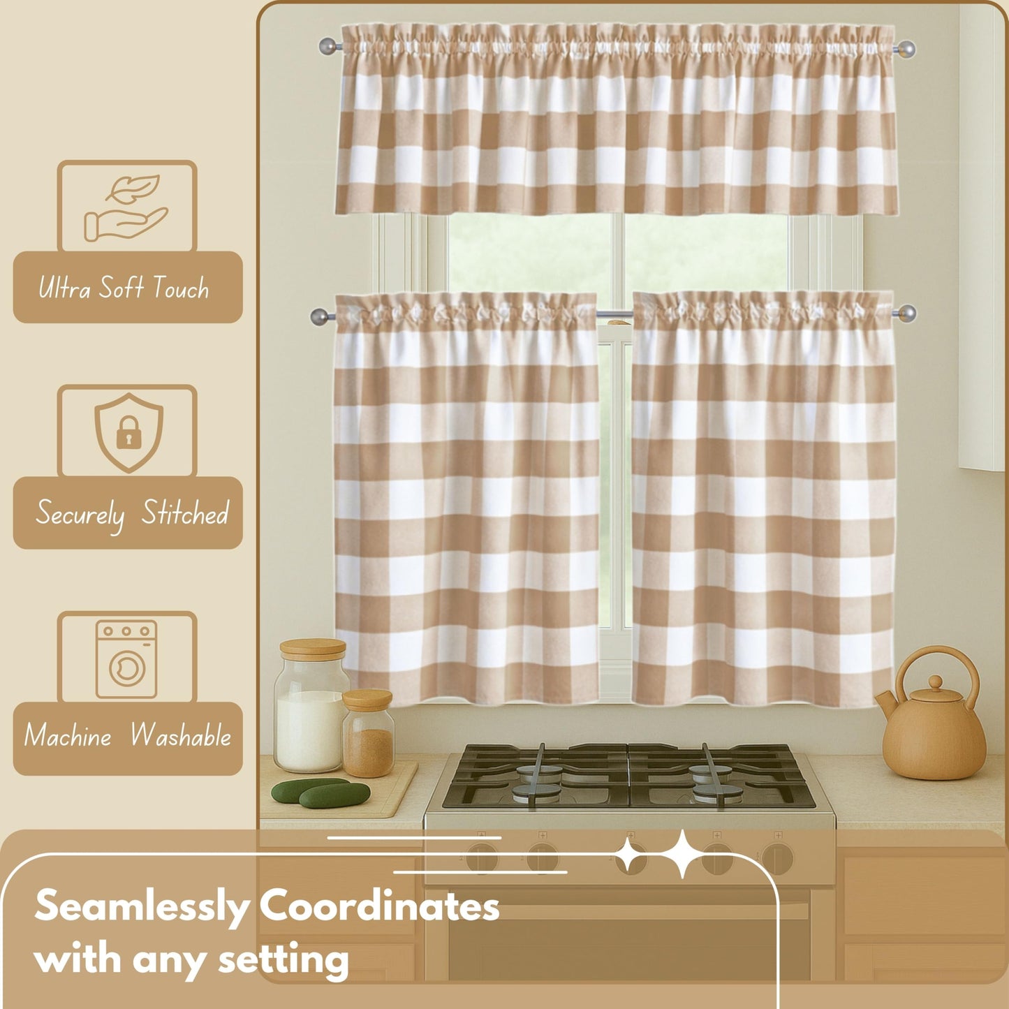 Native Fab Beige Buffalo Check Window Curtains, 3 Piece Cotton Tier and Valance Set, 2 Tiers 26x36 Inch and Valance 54x18 Inch, Rod Pocket Curtains for Living Room, Bedroom, Kitchen, Beige White