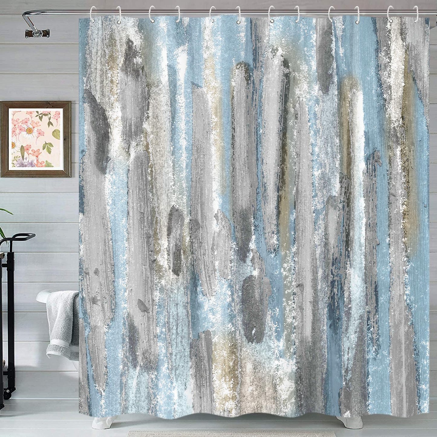 Emwnodti Abstract Shower Curtain, Blue Grey Brown Watercolor Oil Painting Modern Aesthetic Home Bath Curtain, Durable Waterproof Shower Curtain Set with Hooks, 72 x 72 inch