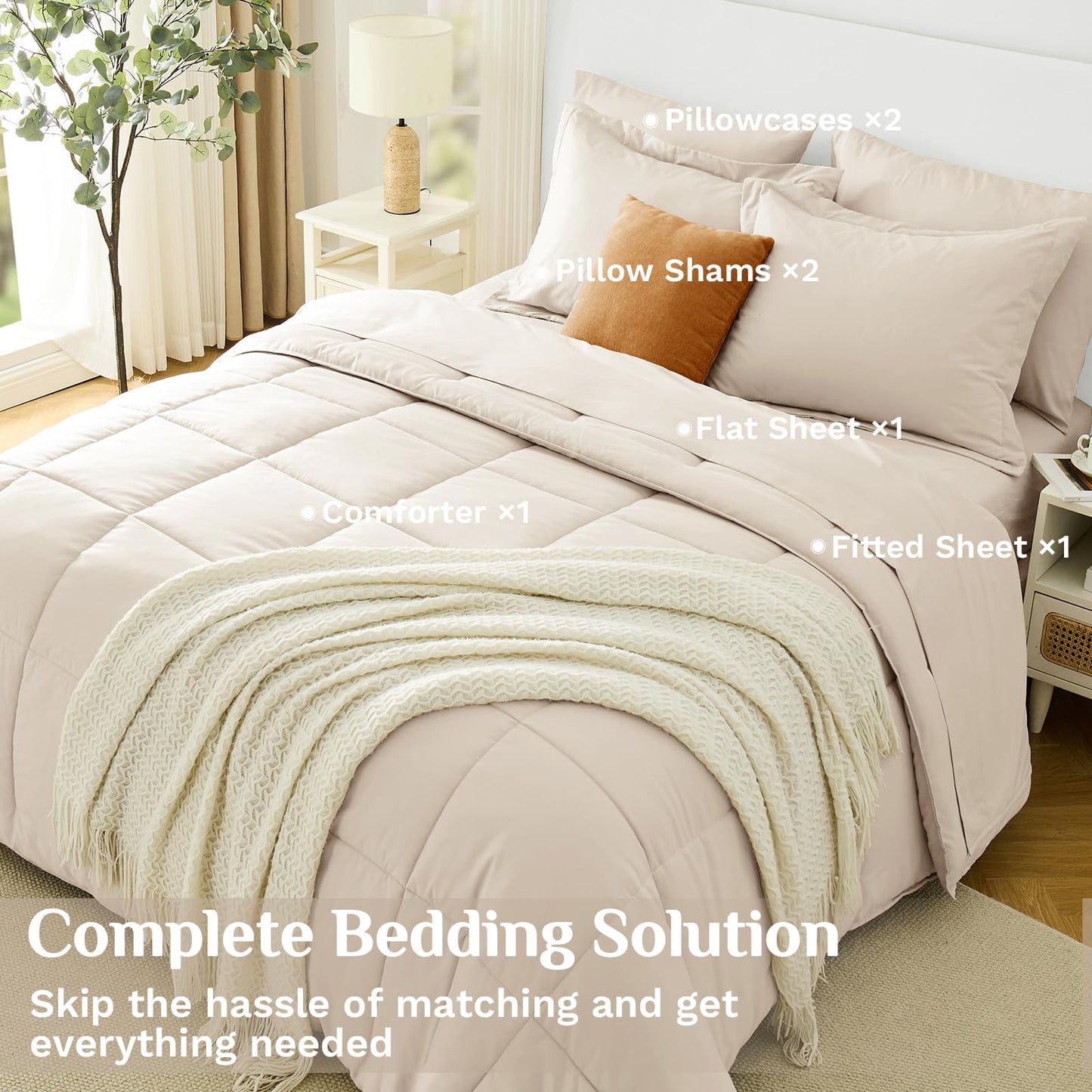 JOLLYVOGUE Queen Comforter Set, Ultra-Soft Bed in a Bag Queen Size 7 Pieces, Oeko-TEX Certified Bedding Set with Down Alternative Comforter, Sheets, Pillowcases & Shams, Beige