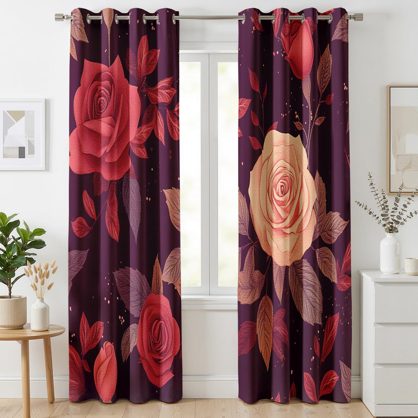 Mistwalk Girls Romantic Rose Blackout Curtains 84 Inches Long, Patterned Curtains for Bedroom & Living Room, Room Darkening Thermal Insulated Grommet Drapes, Vintage Purple Floral Window Treatments