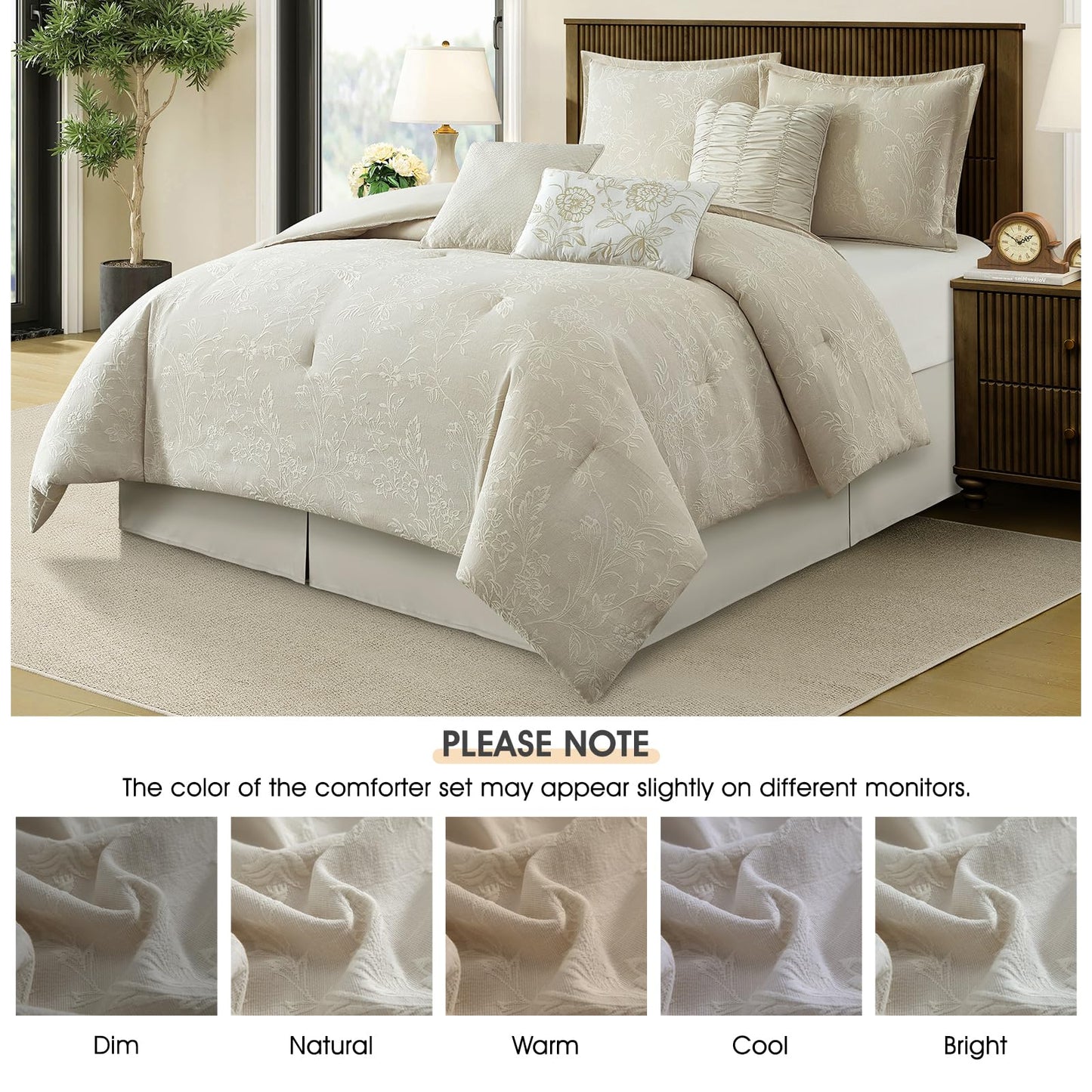 LANCO MODERN LIFESTYLE 7 Piece Beige Comforter Set, Queen, Cotton Fabric Jacquard Patchwork Floral, Year-Round Comfort Bed in a Bag with Bed Skirt, Shams & Decorative Pillows