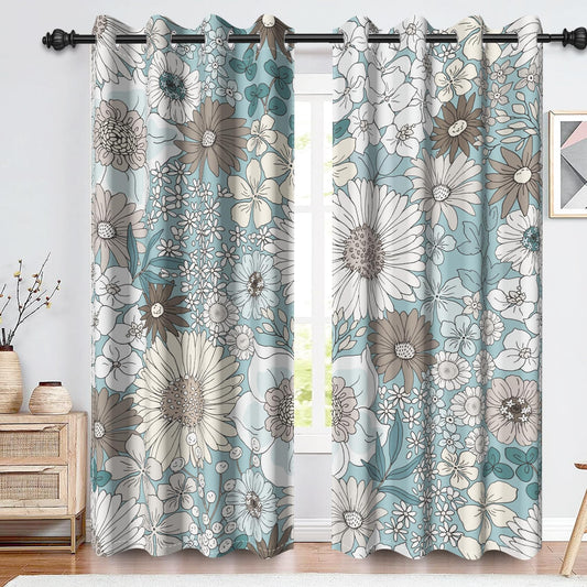 Renaiss Boho Floral Blackout Curtains for Bedroom Vintage Flowers Leaves Window Curtain Printed Pattern Art Thermal Insulated Drapes for Living Room Decor 2 Panels Set, 42x84 Inch