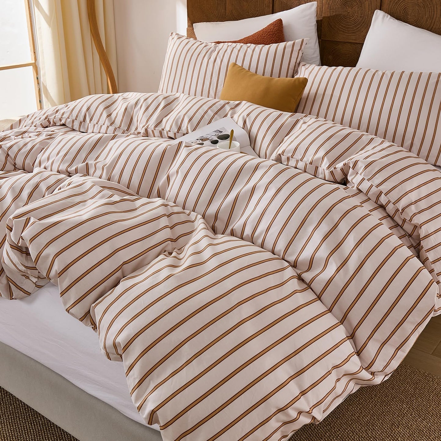 Merryword 100% Cotton Comforter Set King Size - Beige and Terracotta Striped Comforter with 2 Pillowcases, Luxury & Silky Soft Comforter Set for All Seasons
