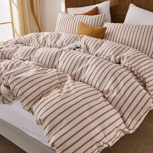 Merryword 100% Cotton Comforter Set King Size - Beige and Terracotta Striped Comforter with 2 Pillowcases, Luxury & Silky Soft Comforter Set for All Seasons