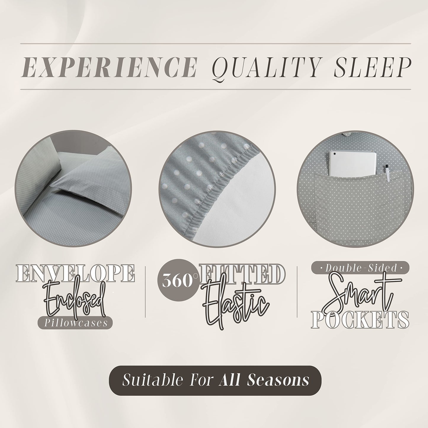 Elegant Comfort Delilah Polkadot 6-Piece Set, Fade & Wrinkle Resistant, 1500 Premium Hotel Quality Microfiber Deep Pocket Fitted Sheet Featuring Smart Pockets, Polkadot Sheet Set, Queen, Grey
