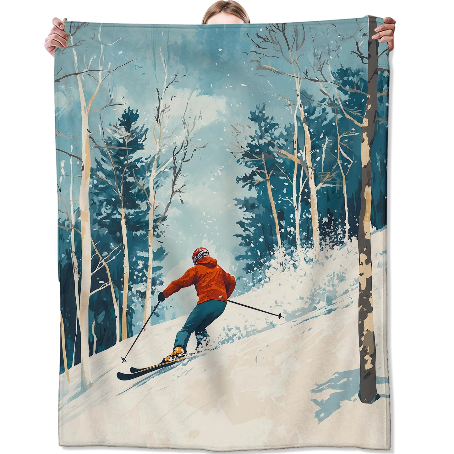Ski Blankets for Adult Kids, Flannel Ski Throw Blanket, Birthday Gifts, Ski Decor for Sofa Couch Bed Living Room Soft Warm Lightweight Cozy 60" x 50"