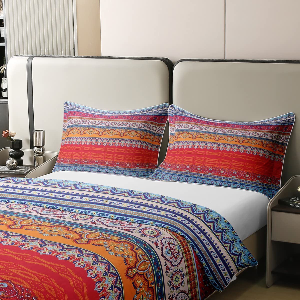 100% Cotton Bohemian Duvet Cover Set Queen Colorful Floral Boho Striped Bedding Set Ultra Soft Microfiber Double Duvet Cover Southwestern Indian Tribal Reversible Bedding Exotic Boho Comforter Cover
