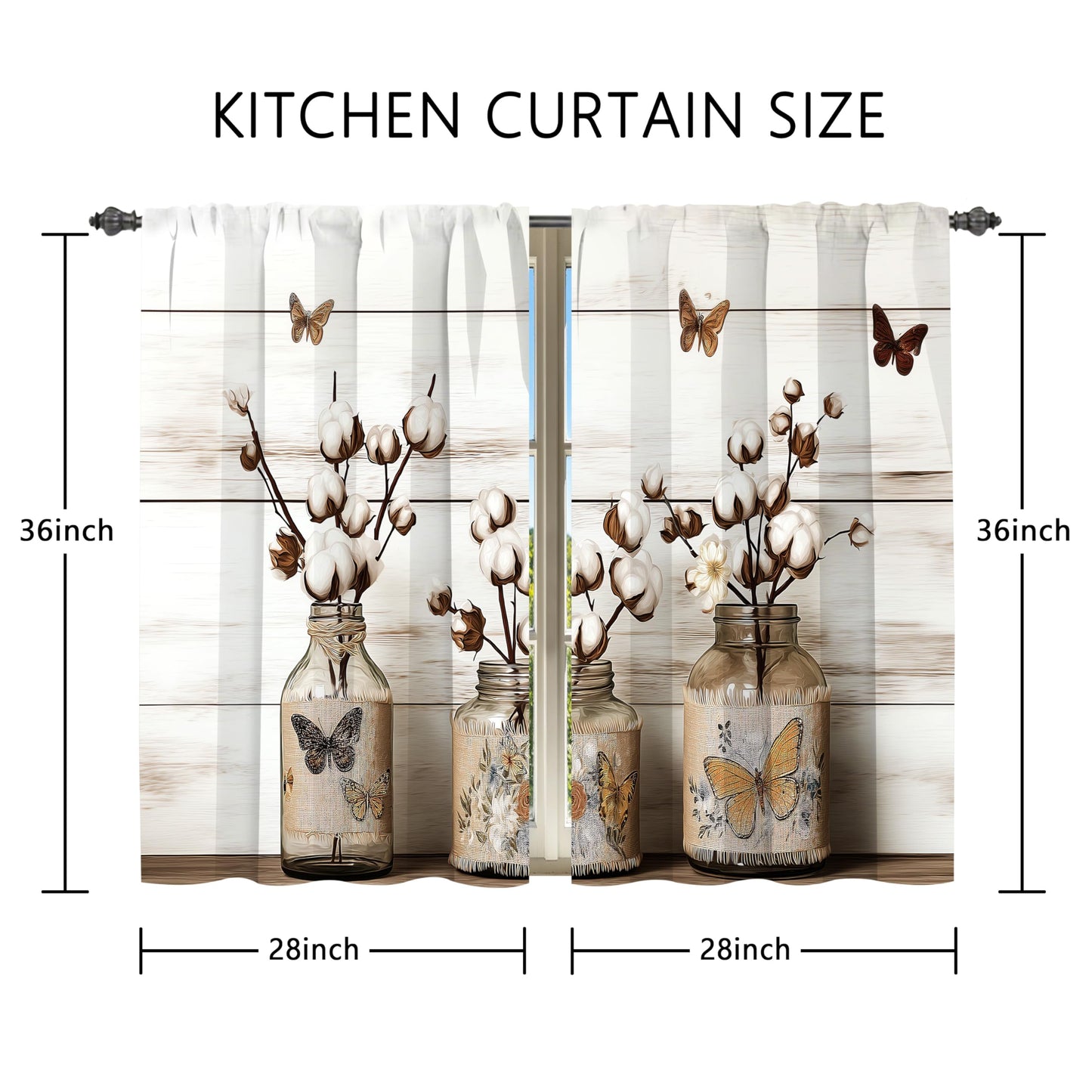 Athjunss Butterfly Kitchen Curtain Cafe Tiers Curtain Rod Pocket for Window Kitchen Farmhouse Bathroom Home Decor 2 Panels 28" W x 36" H