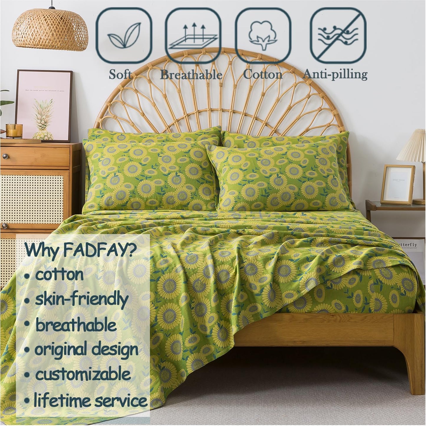 FADFAY Double Gauze 100% Cotton Queen Sheet Set, Soft Floral Sunflower Bedding, Deep Pocket Fitted Sheet, Shabby Vintage Countryside Style Breathable Bed Sheets, 4-Piece