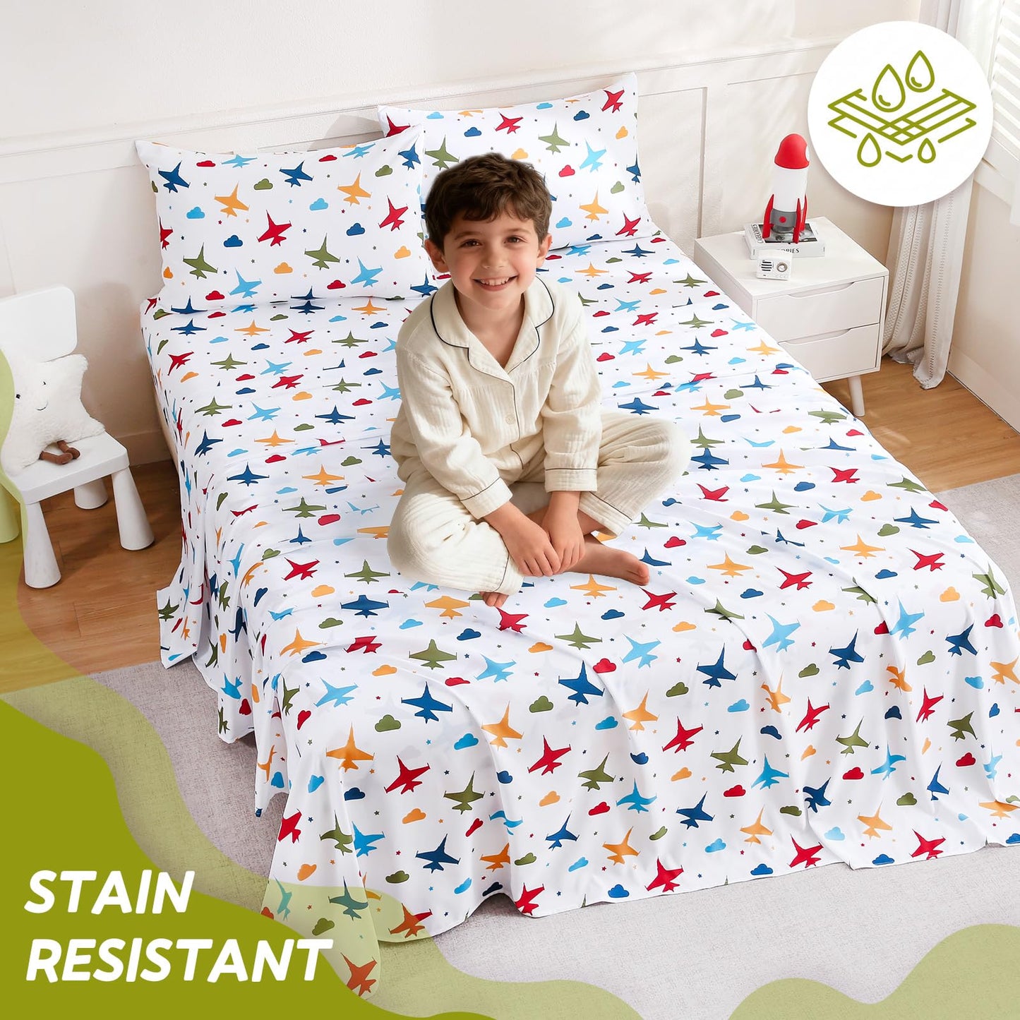ChicView Full Sheet Set Kids,4 Pieces Breathable Soft Microfiber Bedsheets for Child Boys Girls, Anti Pilling Deep Pockets Easy Care Bed Sheets, Aircraft