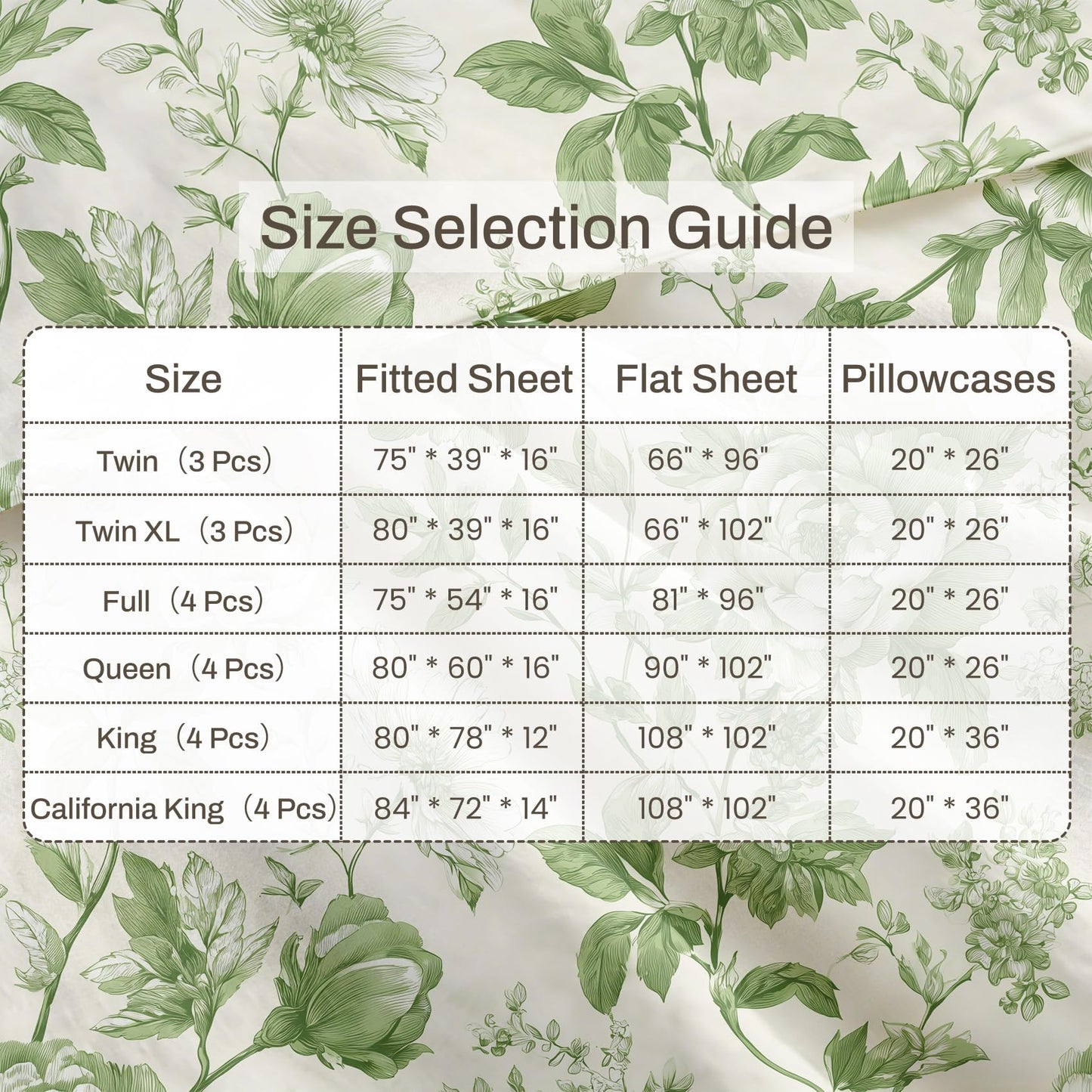 Green Floral California King Bedding Set Farmhouse Botanical Sheet Sets