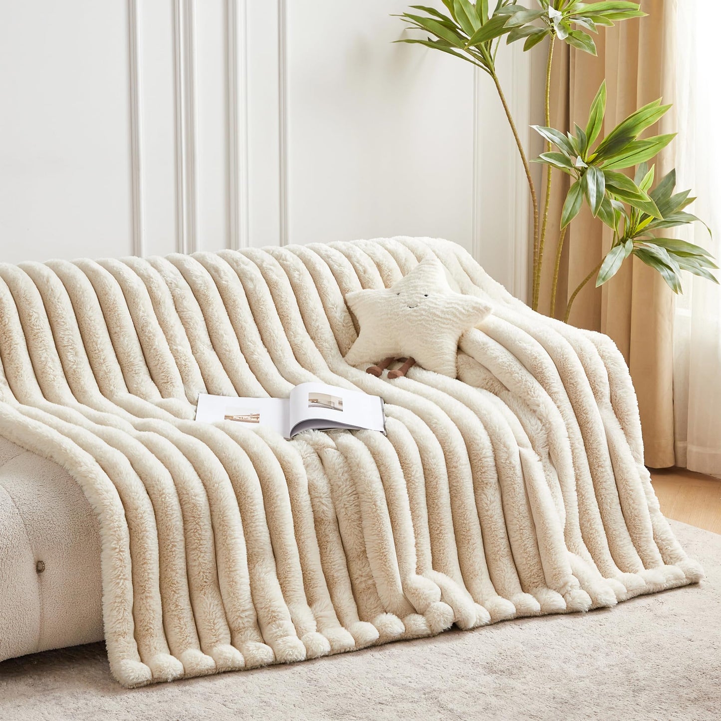 Serenhom 50x60 Inches Ultra-Soft Fuzzy Faux Fur Throw Blanket, Plush Striped Blanket - Thick, Warm Sherpa for Couch, Sofa, Bedroom, Camping - Decorative Blanket for Cozy Warmth, Beige