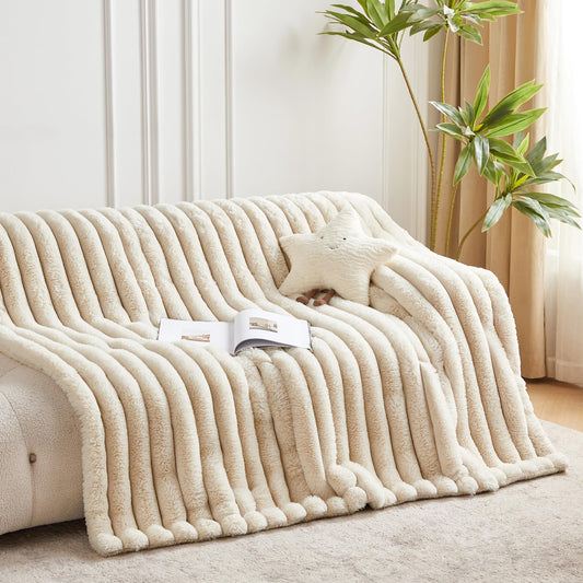 Serenhom 50x60 Inches Ultra-Soft Fuzzy Faux Fur Throw Blanket, Plush Striped Blanket - Thick, Warm Sherpa for Couch, Sofa, Bedroom, Camping - Decorative Blanket for Cozy Warmth, Beige