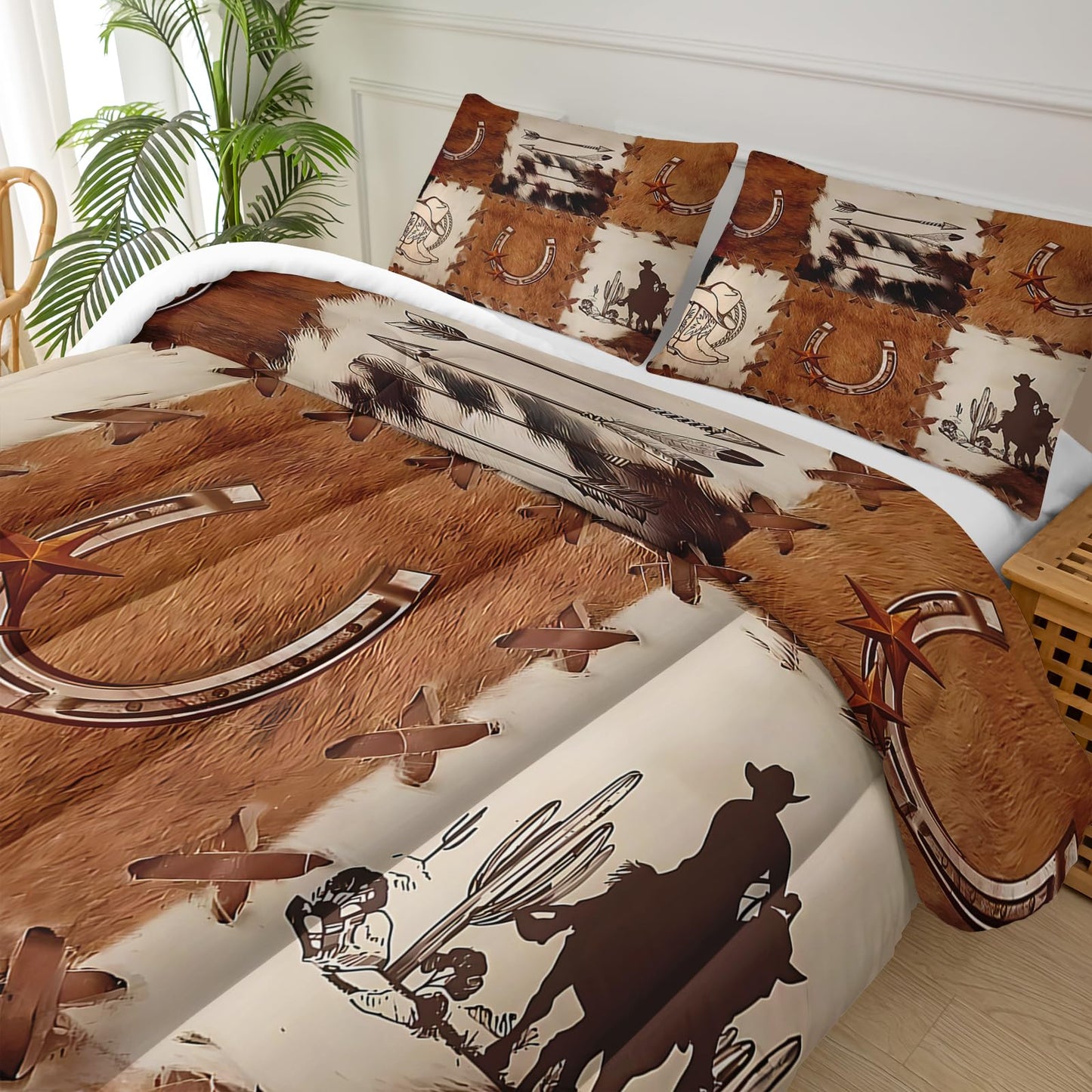 lneffble Western Comforter Set Twin,Cow Print Comforter Set for Boys,Retro Cowhide Animals Skin Brown Bedding Set,Western Cowboy Bedding Set, Cowboy Boot and Arrow Pattern Quilt Set