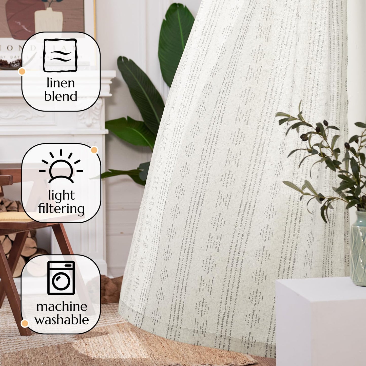 jinchan Boho Curtains Linen Blend Drapes for Bedroom Farmhouse Grey Curtains 84 Inches Long 2 Panels for Living Room Geometric Striped Window Window Treatment Set Rod Pocket Grey on Beige