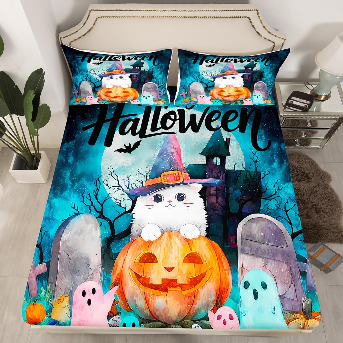 jejeloiu Kids Halloween Decor Bed Sheets Sets Queen Size Kids Boys Girls White Cat Bedding Set Cute Ghost Bed Sheet Set with 16-Inch Deep Pockets Haunted Houses 4Pcs with 2 Pillow Cases
