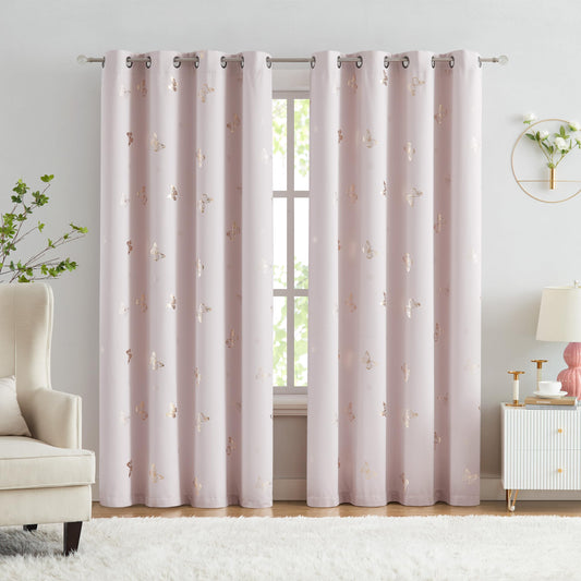 Jubilantex Pink and Gold Butterfly Blackout Curtains 84" Length for Baby Girls Nursery Bedroom and Living Room,80% Blackout Window Treatment,Grommet Top,2 Panels,Lavender Pink