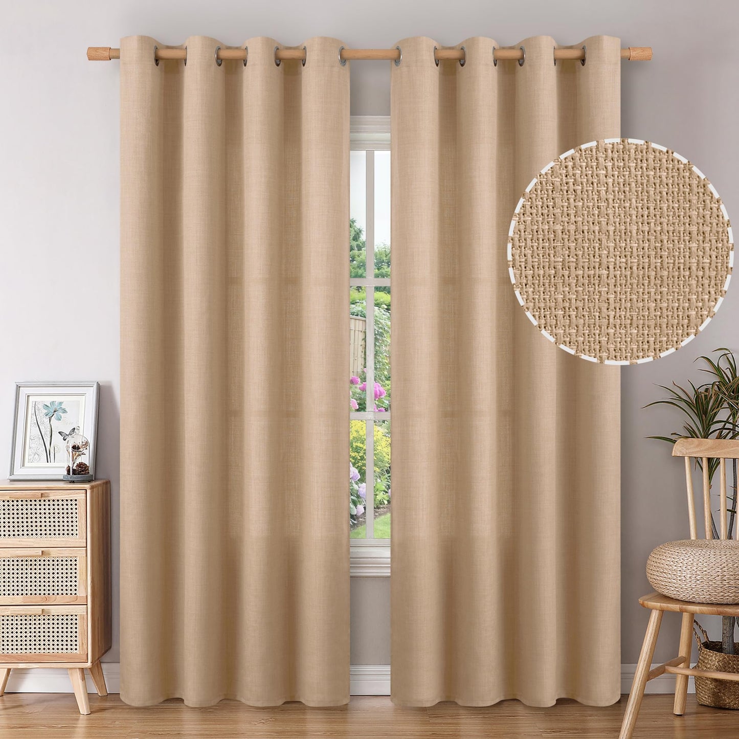 BGment Tan Curtains 84 Inch - Linen Burlap Texture Light Filtering Semi Sheer Boho Farmhouse Window Panels for Living Room, Set of 2, 52" Wide