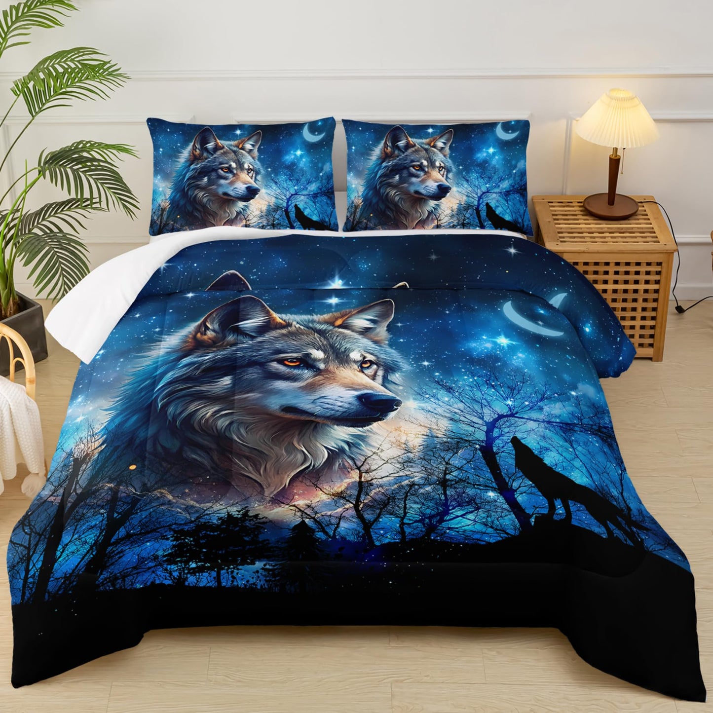 lneffble Wolf Comforter Set Twin for Boys Girls,Wolf Night Moon Galaxy Bed Set,Woodland Wild Animals Theme Comforter Set with 2 Pillowcase,Rustic Blue Black Bedding Set for Bedroom Decor