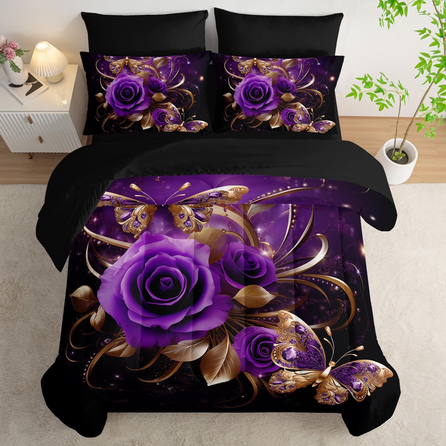 AILONEN Gold Purple Rose Flower Comforter Set Twin - 7Pcs Soft Floral Butterfly Bed in a Bag -Girls Rose Comforter,Fitted Sheet,Flat Sheet,2 Pillowcases,2 Pillow Shams for Women