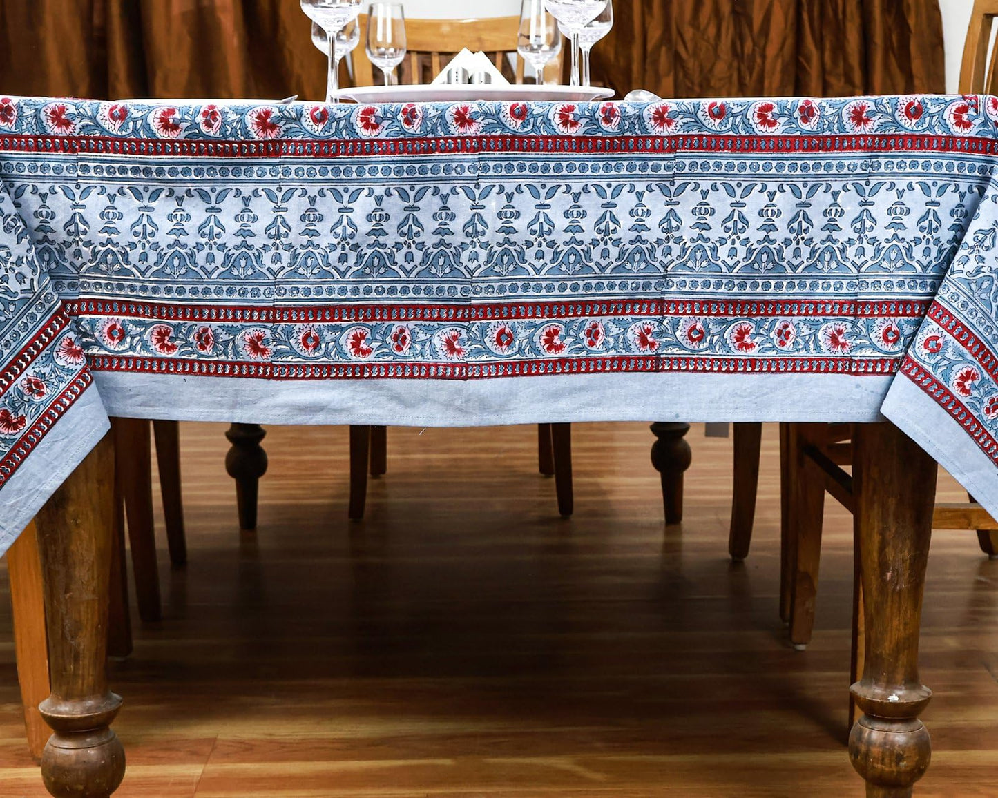 72x108 Inches Rectangle Hand Block Printed Cotton Tablecloth, Red Grey Floral Table Cloths Washable, Indian Table Linen for Outdoor Thanksgiving Gifts Home Decor Dinning Outdoor
