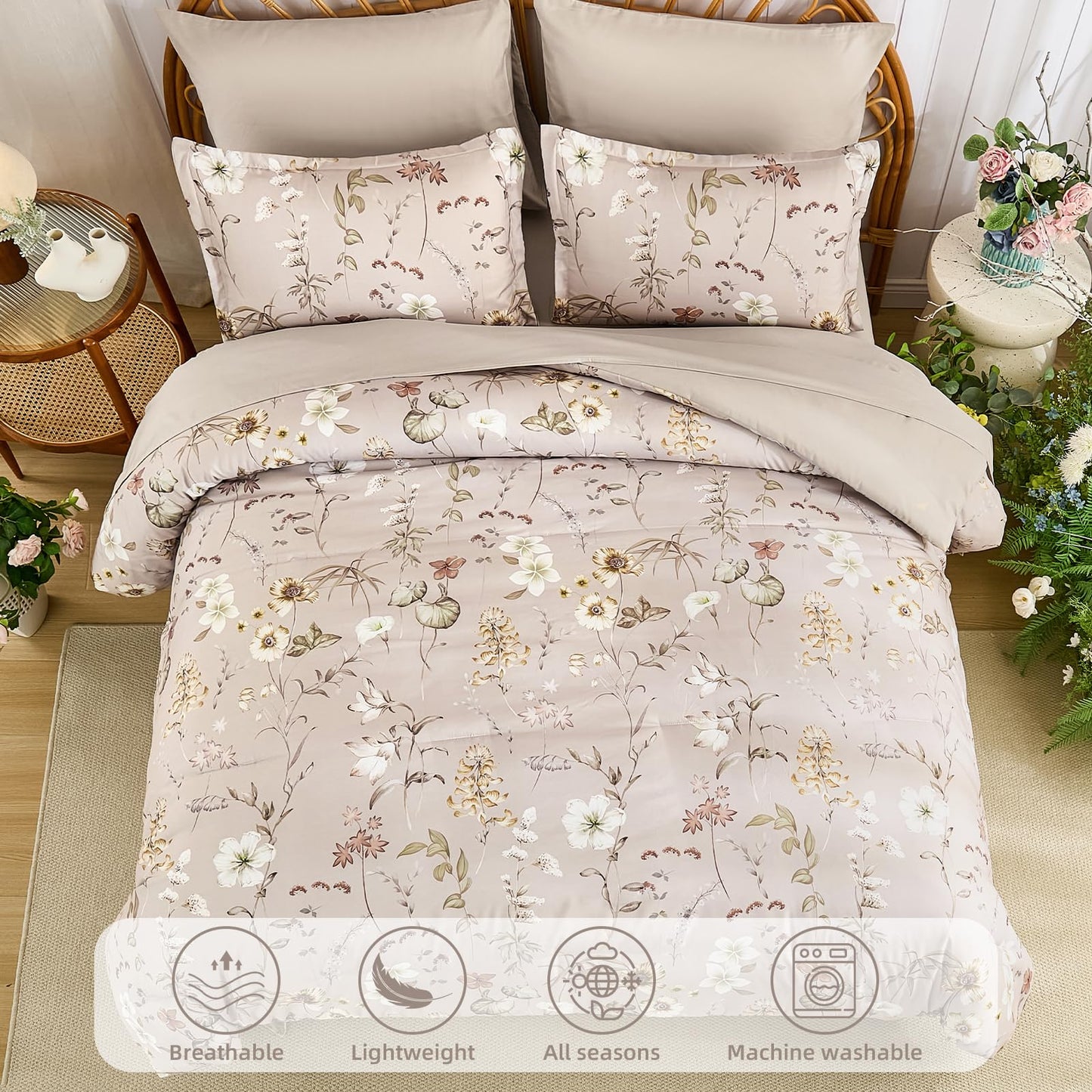 DJY King Size Comforter Set,Taupe Botanical Floral Bedding Comforter Sets King for All Seasons, 7 Pieces King Bed in a Bag Lightweight Microfiber Comforter Set with Sheets Pillowcases & Shams