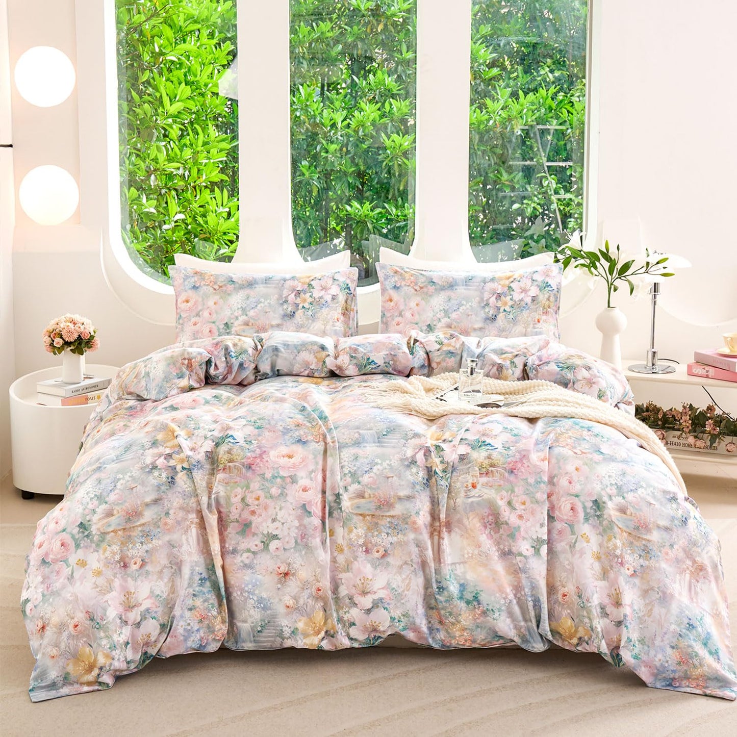 Zusbest Floral Duvet Cover King 100% Cotton, Double Brushed for Extra Soft, Luxury Pink Rose French Country Bedding Shabby-Chic Lily Comforter Cover with Zipper, Soft Breathable, 3Pc-Not Comforter