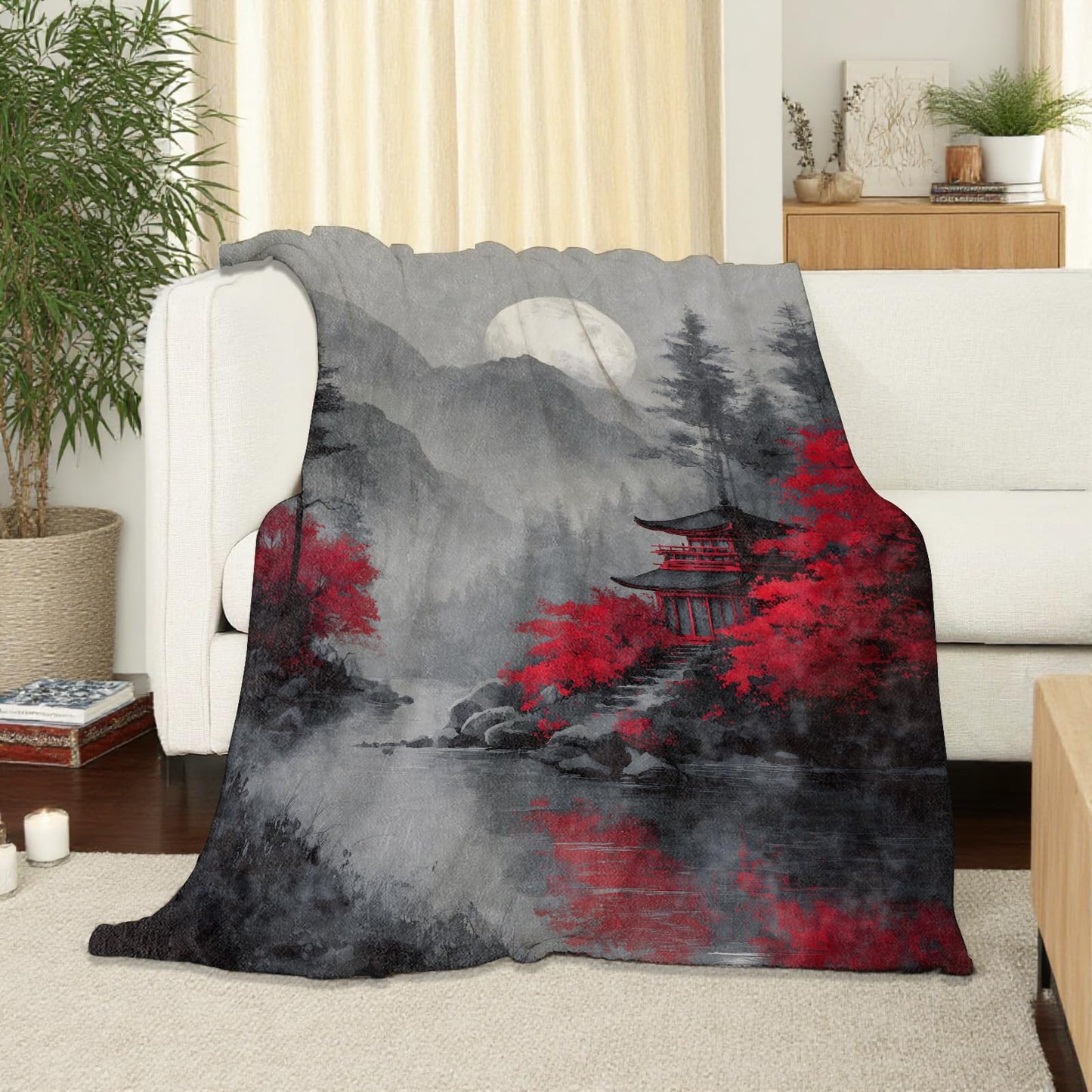 SOMEKLLY Asian Pagoda Throw Blanket Soft Cozy Lightweight Flannel Blankets with Moon Mountain River and Red Maple Background Printed for Nature Lovers Bedroom Dorm Office Home Decor Gifts 50x60 Inch
