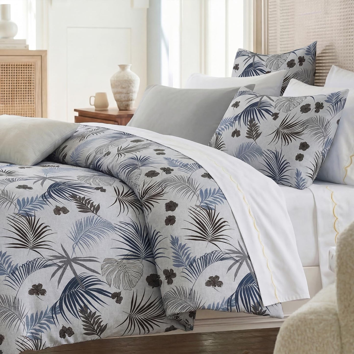 Bedorm 100% Cotton Duvet Cover Set Queen Vintage Floral Bedding Set Gray Blue Palm Tree Leaf Botanical Print Soft & Durable Duvet Cover with Zipper Closure