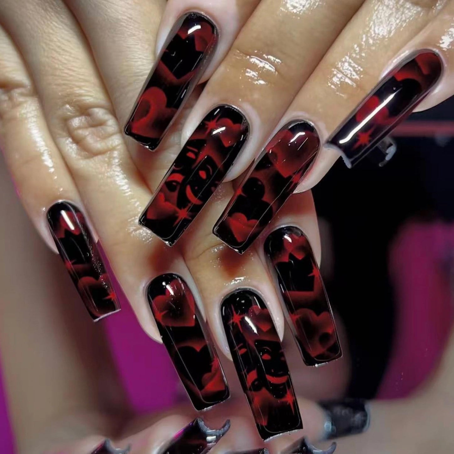 MERVF Press on Nails Long Square, Black Solid Color Fake Nails Red Heart Design Glue ons Goth Acrylic Nail Glossy 24pcs